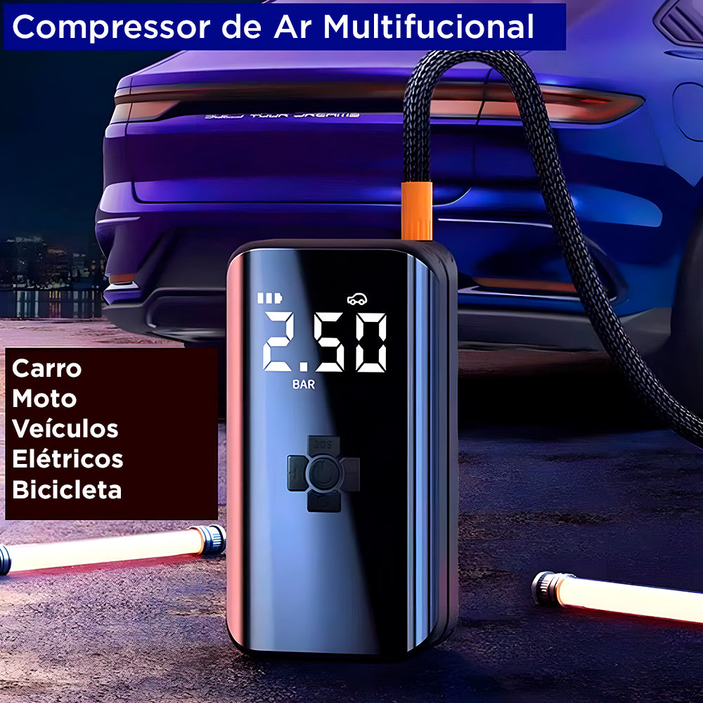 Mini Compressor de Ar, Portátil, Calibrador de Pneu Para Carro, Moto, Bicicleta, Preto